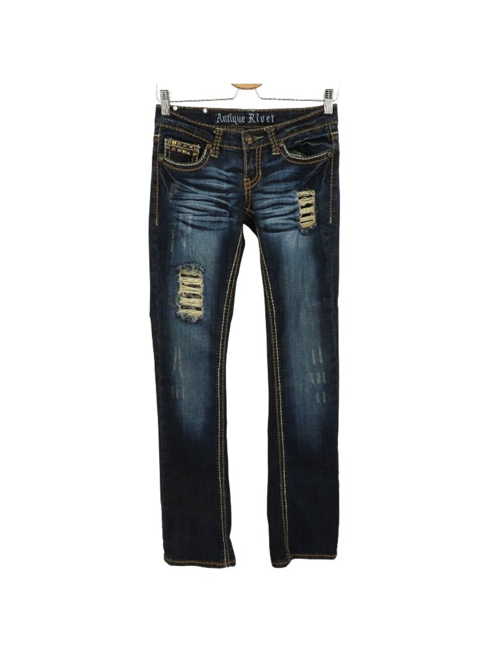 Antique Rivet Women 25 Blue Whiskered Pyramid Stud Distressed Denim Jeans Cotton